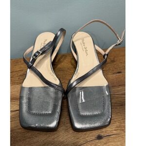 Pedro Anton Metallic Pewter Square Toe‎ Slingback Kitten Heels Made in Spain 38